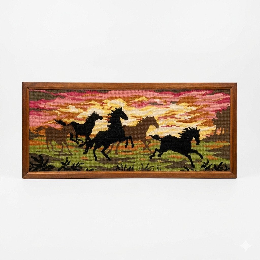 Vintage schilderij geborduurd paarden in Teak lijst jaren 60, Ophalen of Verzenden, Huis en Inrichting