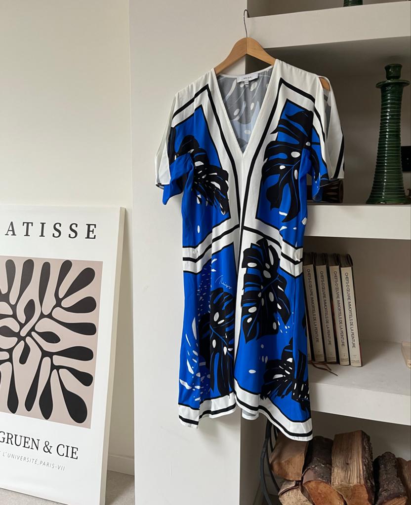 Reiss Jurk met Monstera Print - Blauw/Wit/Zwart, Kleding | Dames, Blauw, Ophalen of Verzenden, Zo goed als nieuw, Maat 36 (S)