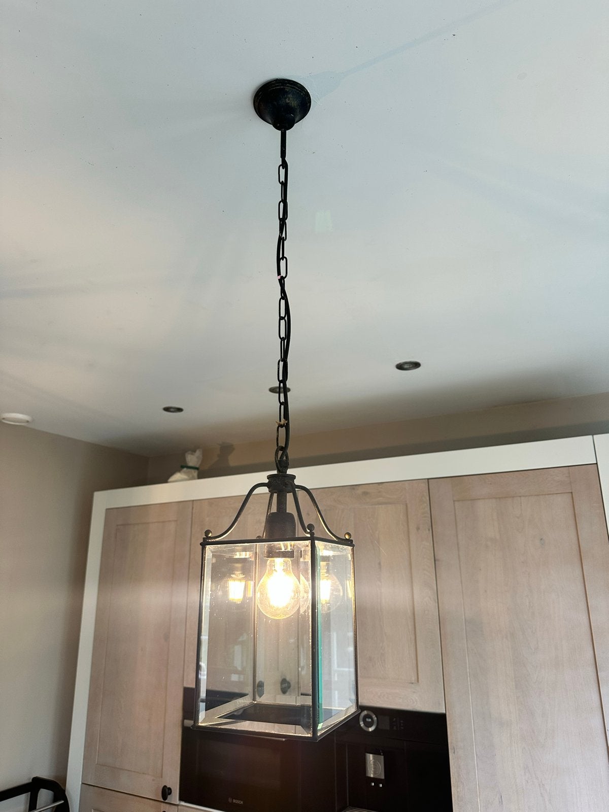 Hanglampen - Set van 2 - Zwart metaal met glas, Huis en Inrichting, Ophalen, Zo goed als nieuw, Metaal, E27 (groot)