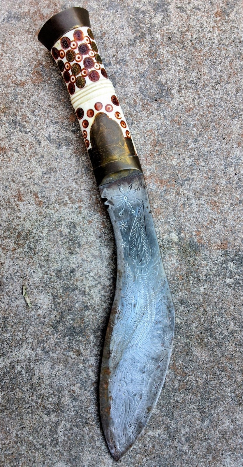 Antieke Kukri met versierd lemmet en schede, Ophalen of Verzenden