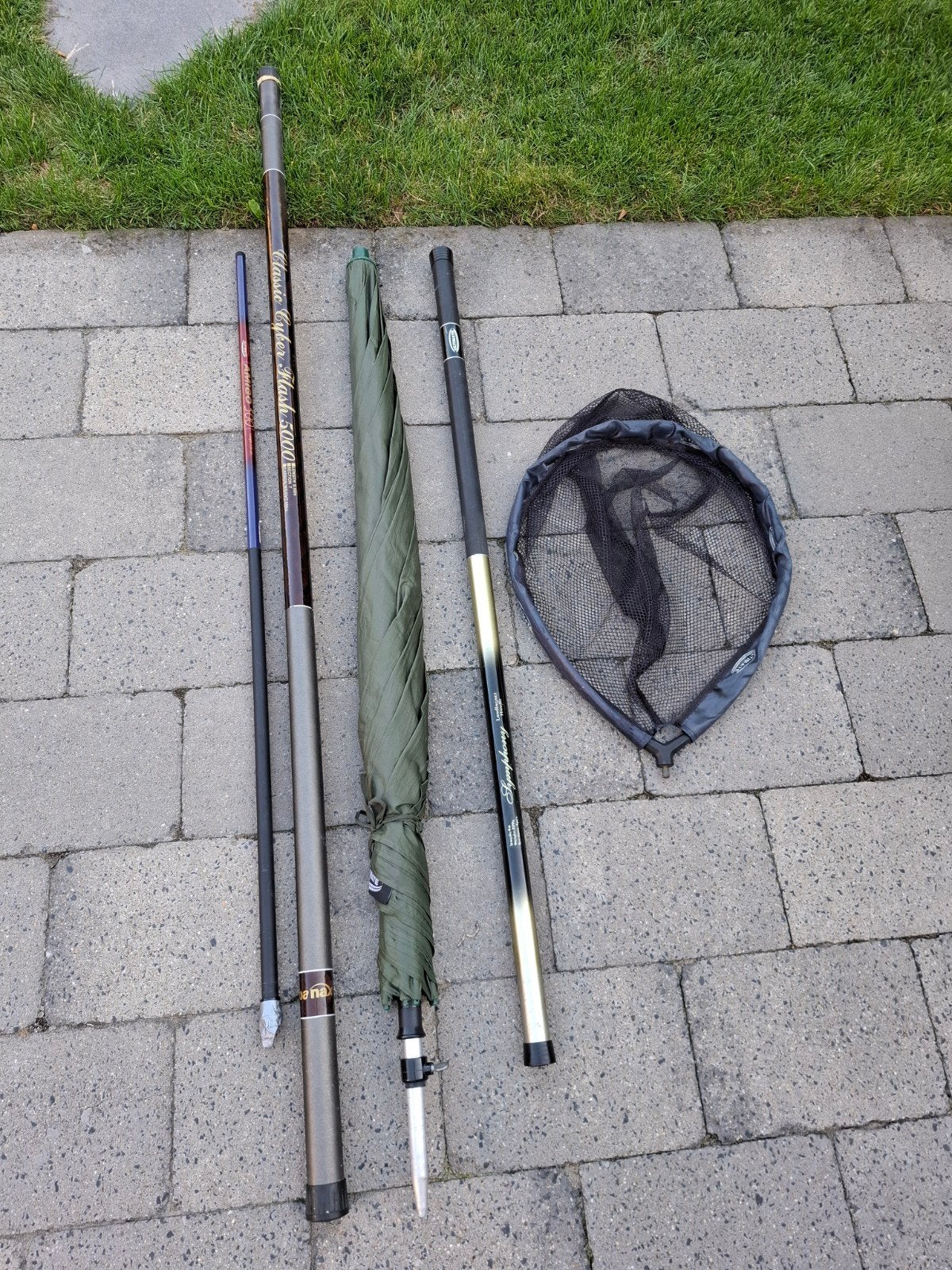witvis hengel vaste lat 9.50meter 695gr. paraplu landingsnet, Ophalen