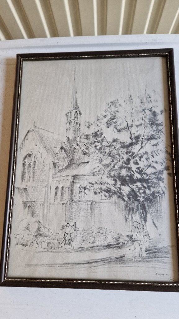 oude tekening ets kerk america in oude lijst, Ophalen of Verzenden