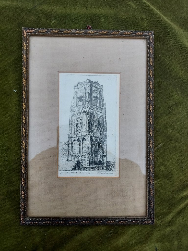 Ets Groote kerk Rotterdam, gesigneerd C. Verhoeven., Antiek en Kunst, Kunst | Etsen en Gravures, 30 cm, Architectuur, Met tekst