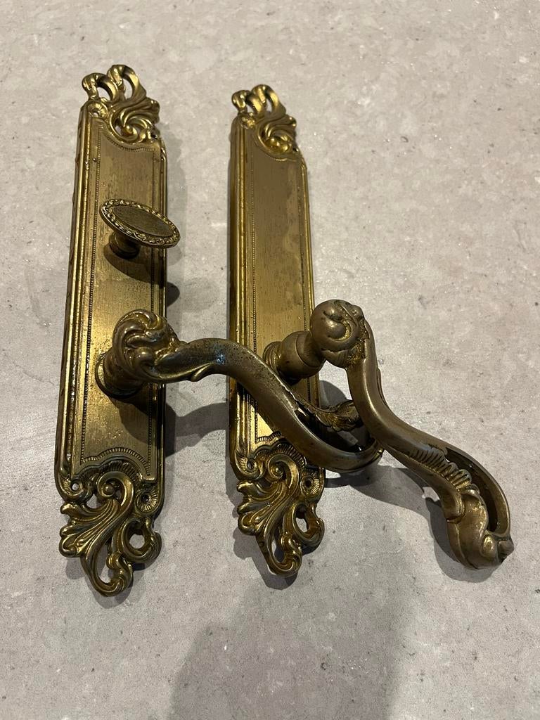 Antieke Messing Deurklinken met Sierlijke Platen, Ophalen of Verzenden