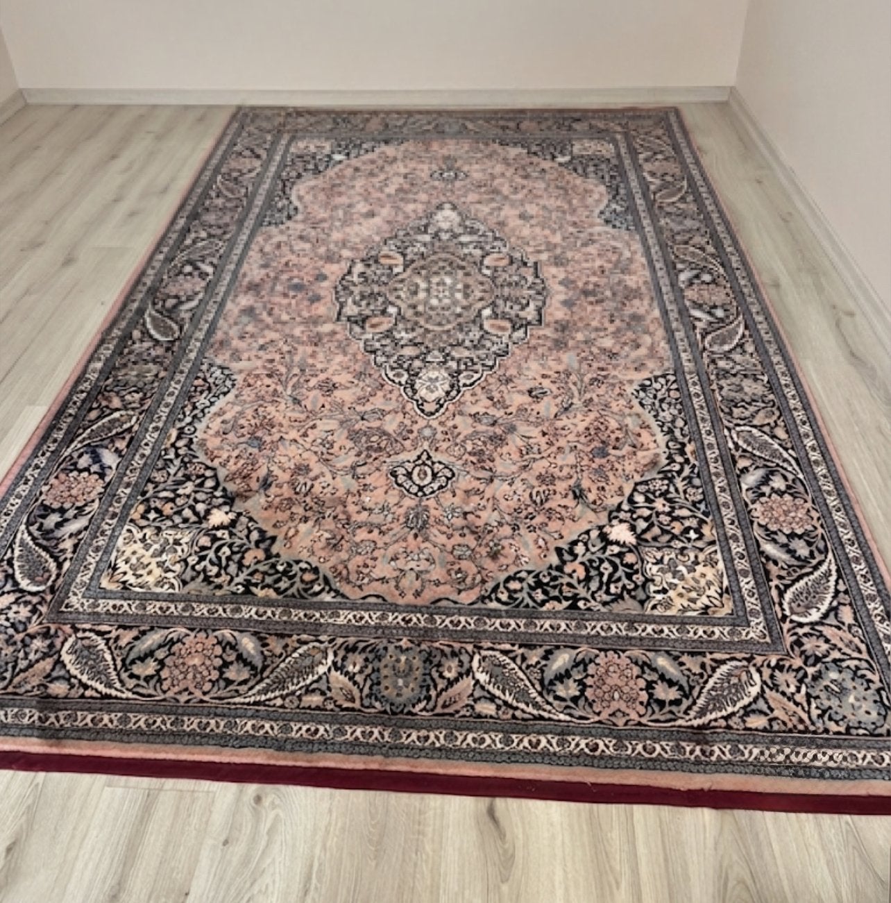 Turks Perzisch-stijl TapijtUniekOudeRoze & Diepblauw&Zwart (, Zwart, 150 tot 200 cm, 200 cm of meer, Ophalen of Verzenden