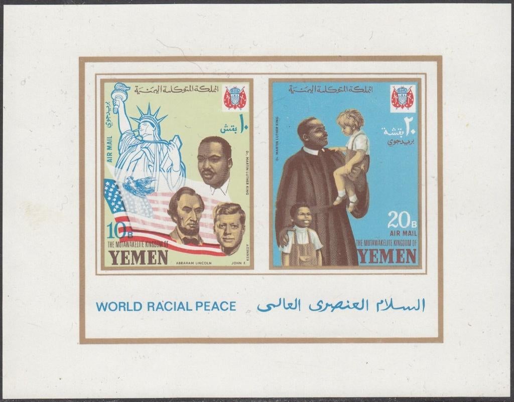 Wereldvrede Jemen Koninkrijk Blok 130 met Kennedy, M.L. King, Postzegels en Munten, Ophalen of Verzenden, Postfris, Overige thema's
