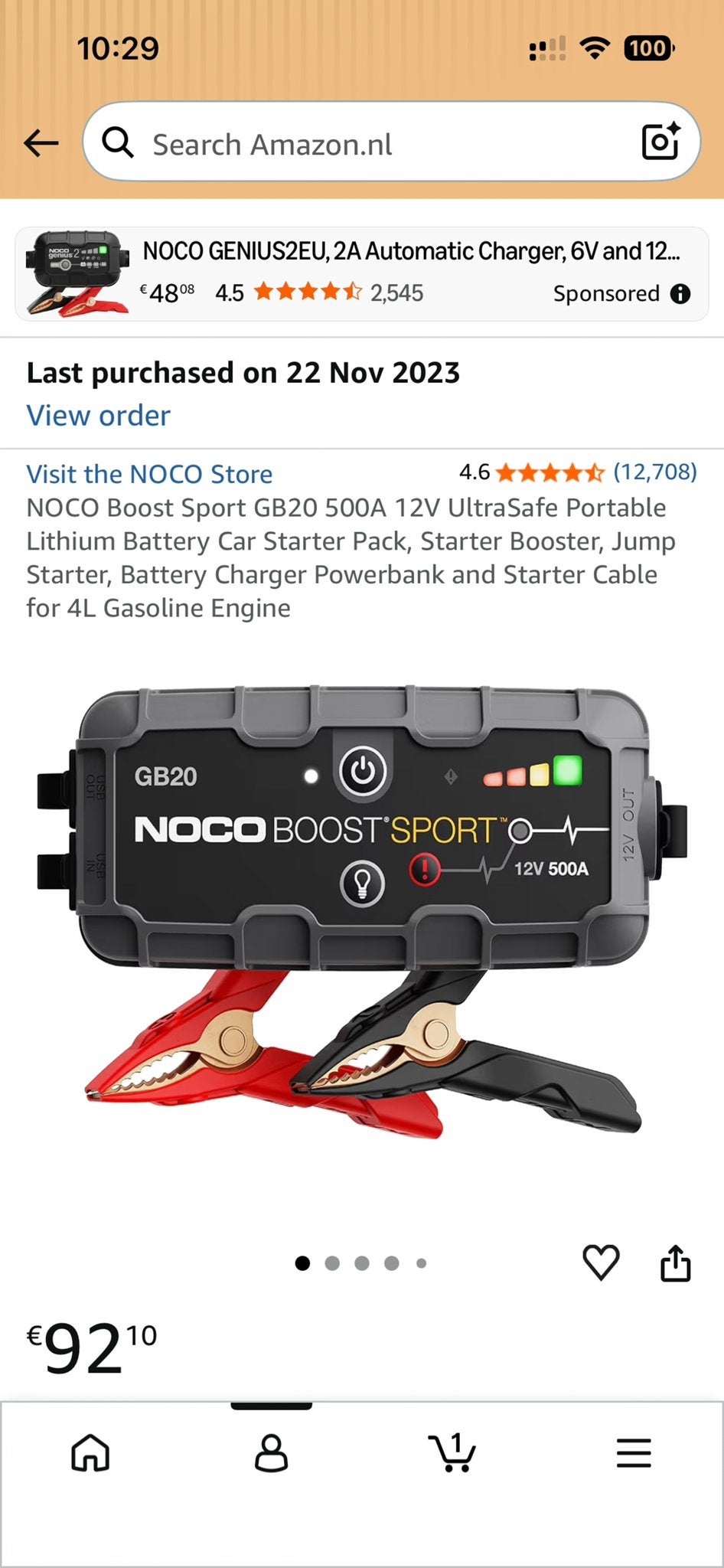 NOCO Boost Sport GB20 lithium jumpstarter 12V 500A, Ophalen, Zo goed als nieuw