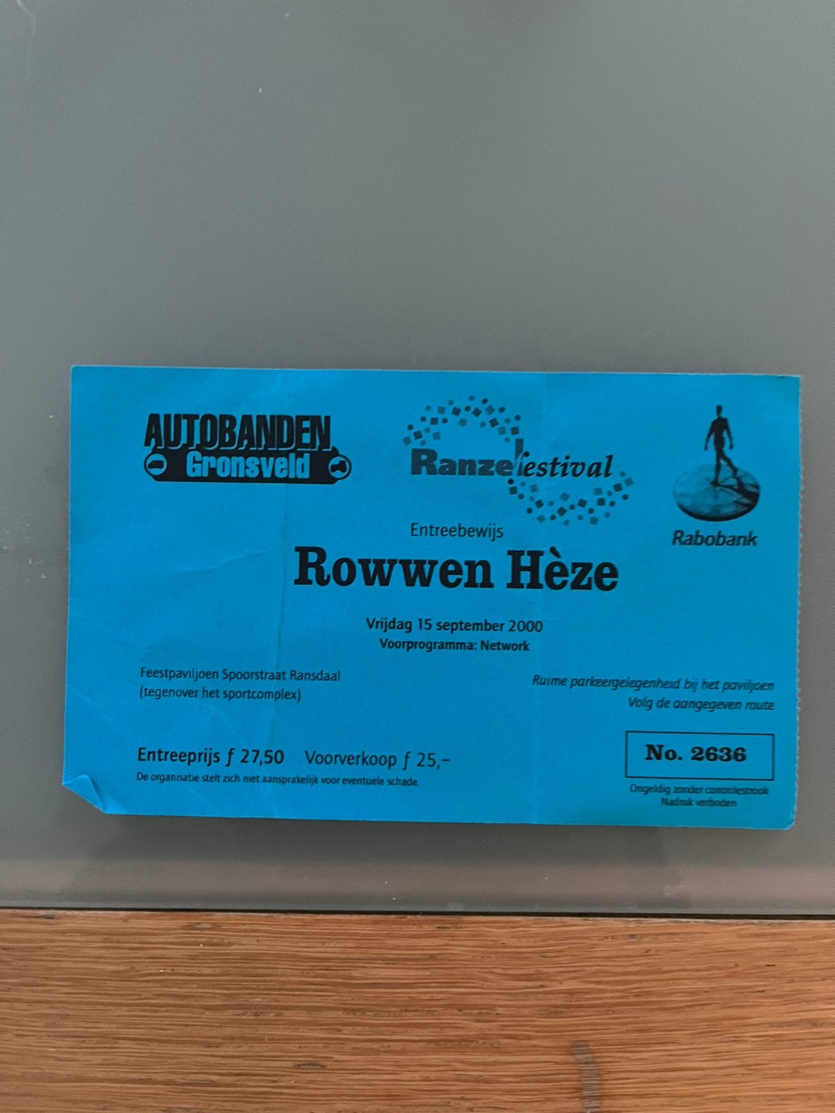 OUD TICKET ROWWEN HEZE RANZE FESTIVAL 2000, Ophalen of Verzenden, Zo goed als nieuw, Overige typen