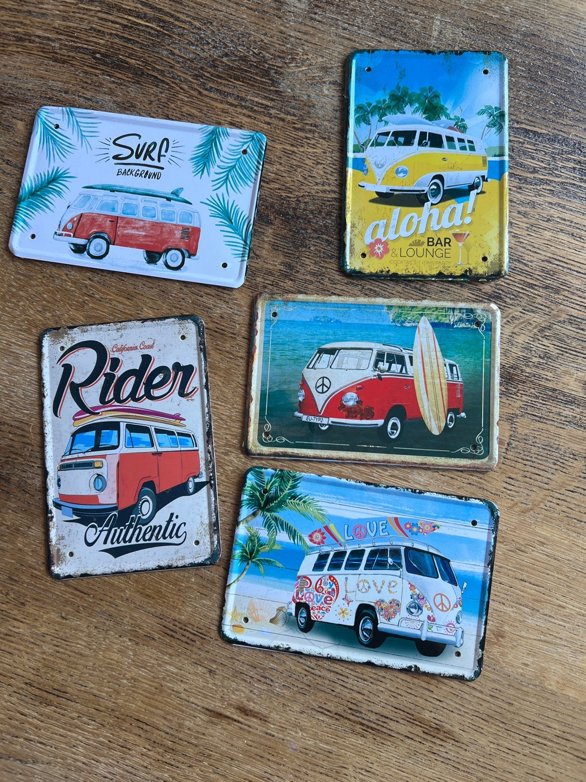 Set van 5 Vintage VW Bus Metalen Borden - Decoratie, Vintage, Gebruikt, Meerkleurig, Ophalen of Verzenden