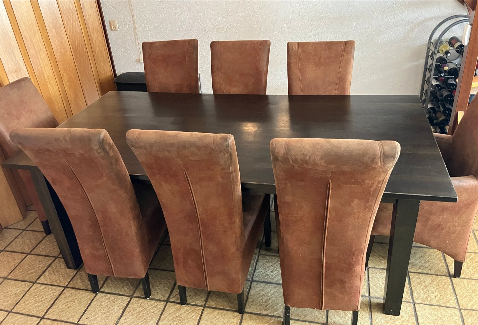 Eettafel (hout) met 8 stoelen (stof), Huis en Inrichting, Ophalen, Gebruikt, 100 tot 150 cm, 200 cm of meer
