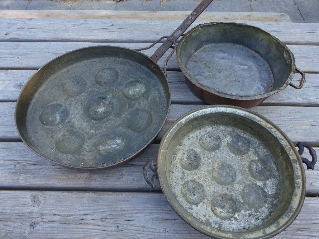 Drie antieke koperen/vertinde pannen (19e eeuw), Antiek en Kunst, Antiek | Keukenbenodigdheden, Ophalen