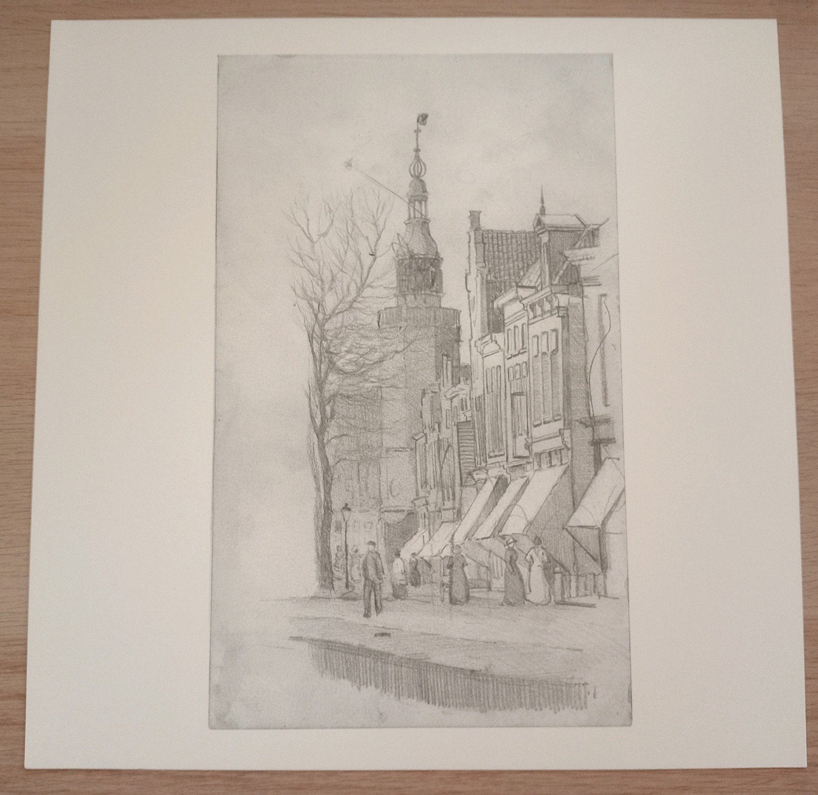 prent Kade met Kerktoren, Antiek en Kunst, Kunst | Tekeningen en Foto's, Ophalen of Verzenden