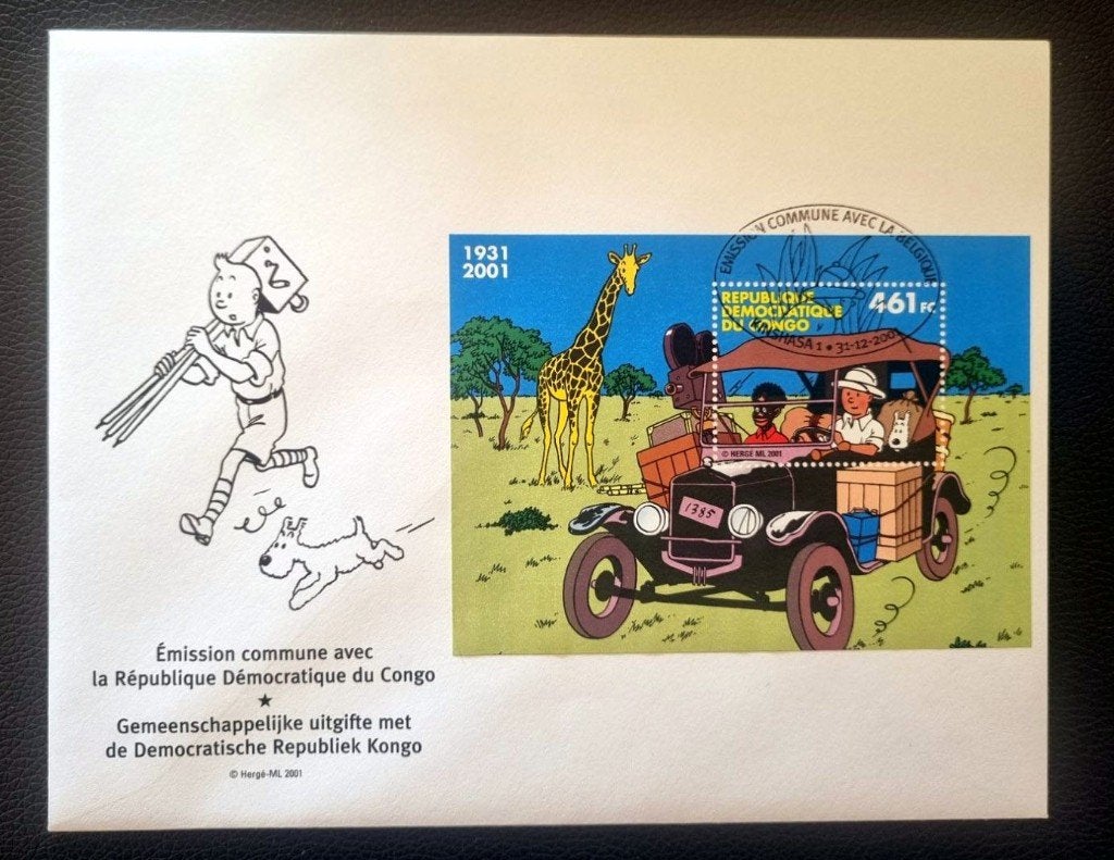 1ste dag enveloppe 2001 Kuifje Hergé Tintin speciale stempel, Ophalen of Verzenden