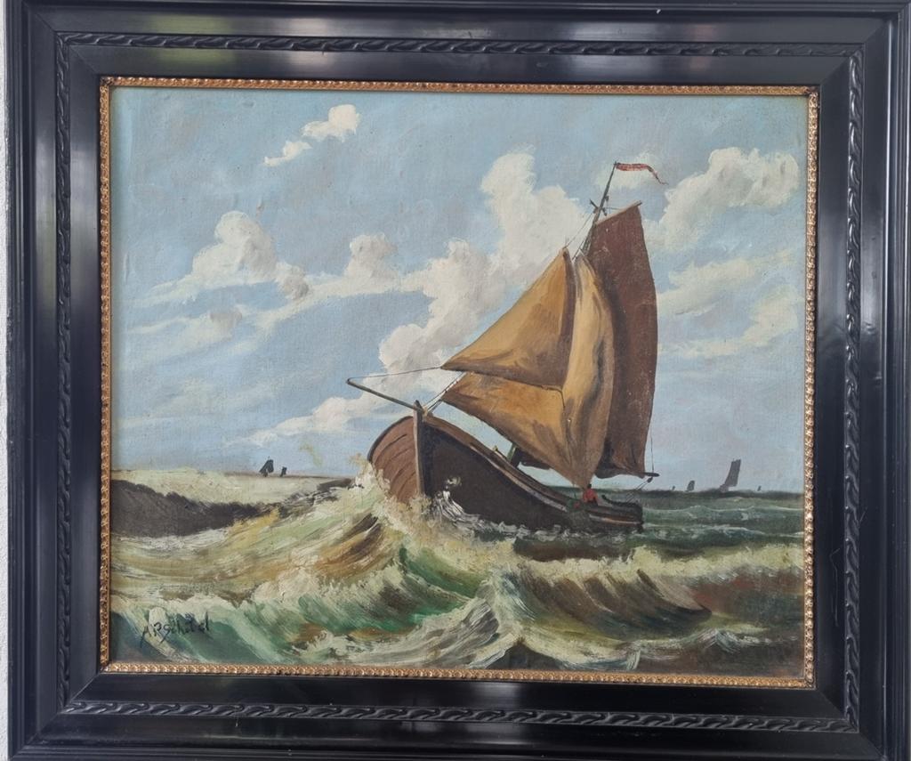 Botter op woeste zee"gesigneerd olieverfschilderij, Antiek en Kunst, Kunst | Schilderijen | Klassiek, Ophalen of Verzenden