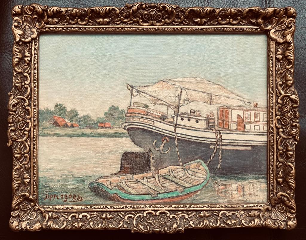 Oud schilderijtje met Binnenvaart Schip uit 1938, Ophalen of Verzenden