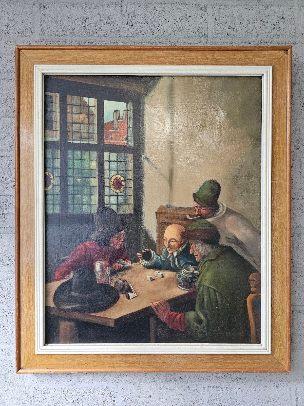 Groot olieverf schilderij 65x77 - Kaartspelers bruin café in, Doek, Portret of Personen, Oud hollands, Ophalen of Verzenden