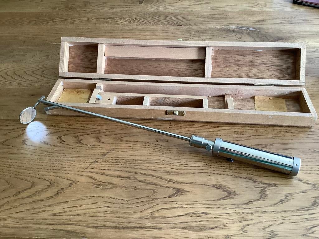 Nette oude telescopische inspectiespiegel met lampje., Ophalen of Verzenden