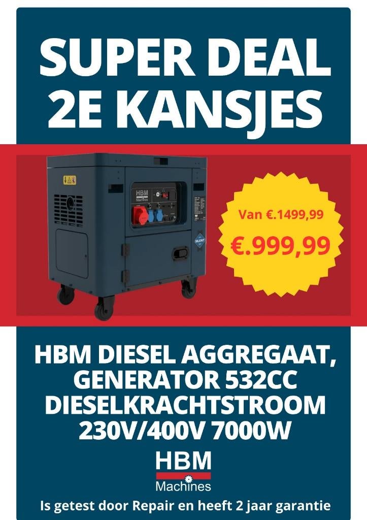 HBM diesel aggregaat, generator 532 cc230/400V 7000W, Ophalen, Nieuw