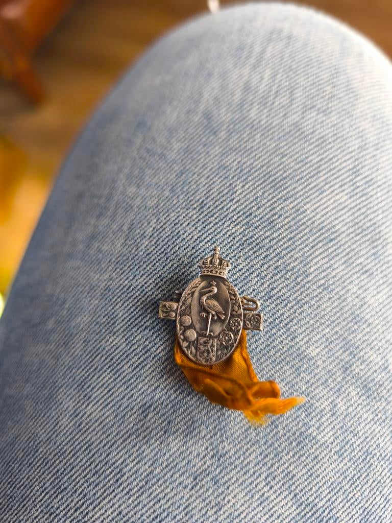 Oude speld met ooievaar, mogelijk Koninklijk Huis/militair, Verzamelen, Speldjes, Pins en Buttons, Ophalen of Verzenden, Gebruikt