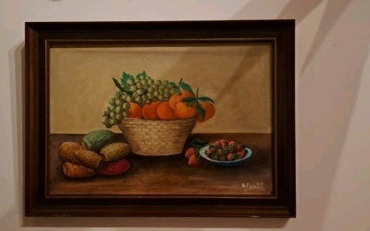 Olieverf Stilleven A. Puzzo in Houten Lijst (42x57 cm), Antiek en Kunst, Doek, Realistisch, Stilleven, Ophalen of Verzenden