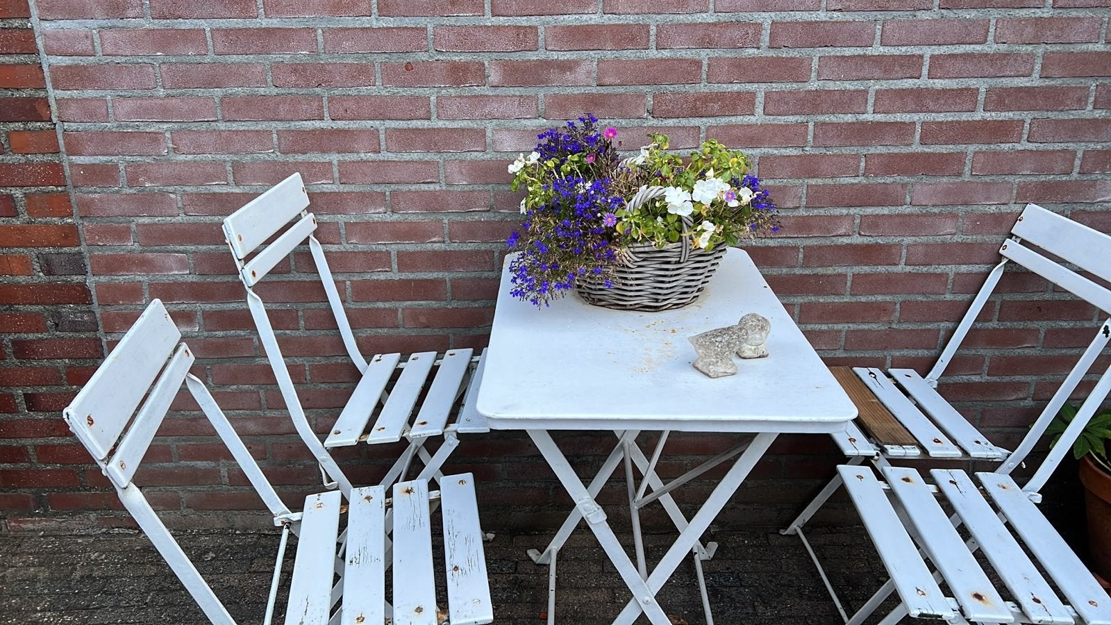 Witte bistro tuinset met 4 stoelen en tafel, Overige materialen, Gebruikt, Eettafel, Tuinset