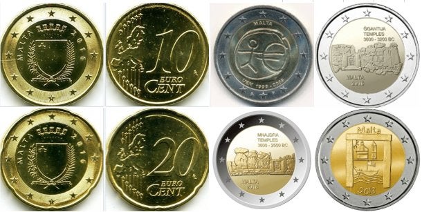 2 Euro CC-Munten Malta 2009 t/m 2018, 10 cent & 20 cent 2016, Ophalen of Verzenden, Malta, 2 euro