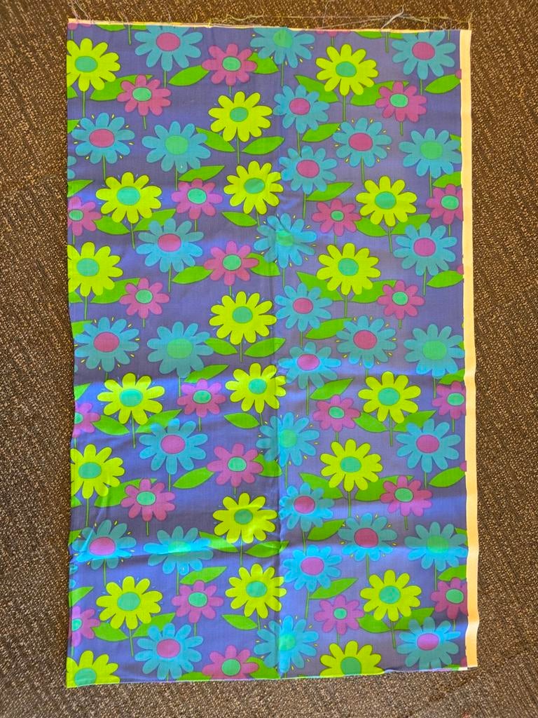 Vintage gordijnstof bloemmotief blauw groen '70 tafelkleed, Ophalen, Gebruikt, Katoen, 30 tot 200 cm