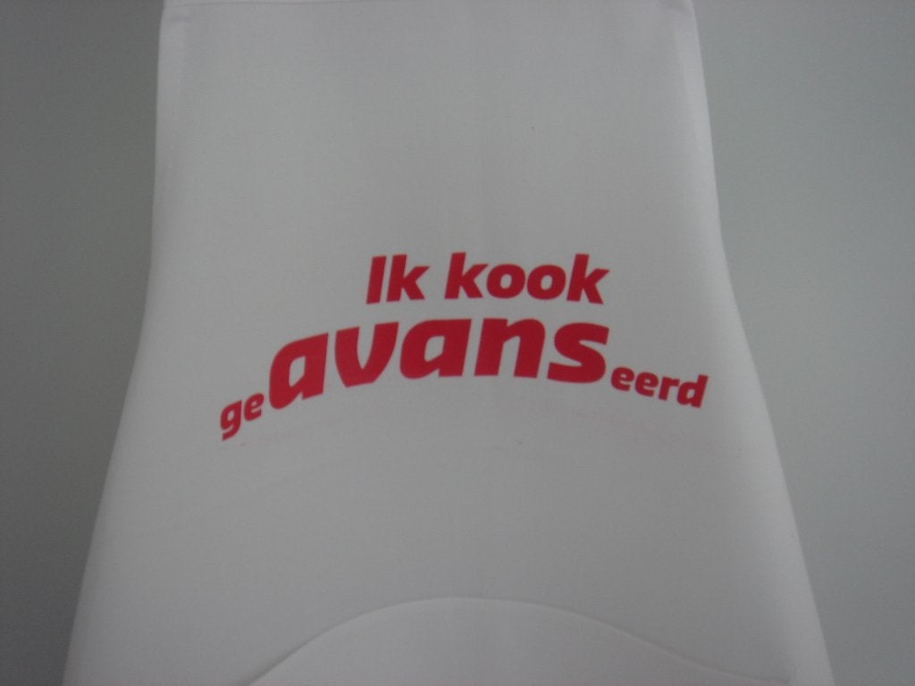 Schort met tekst Ik Kook geAVANSeerd , Ophalen of Verzenden, Zo goed als nieuw, Wit, Schort
