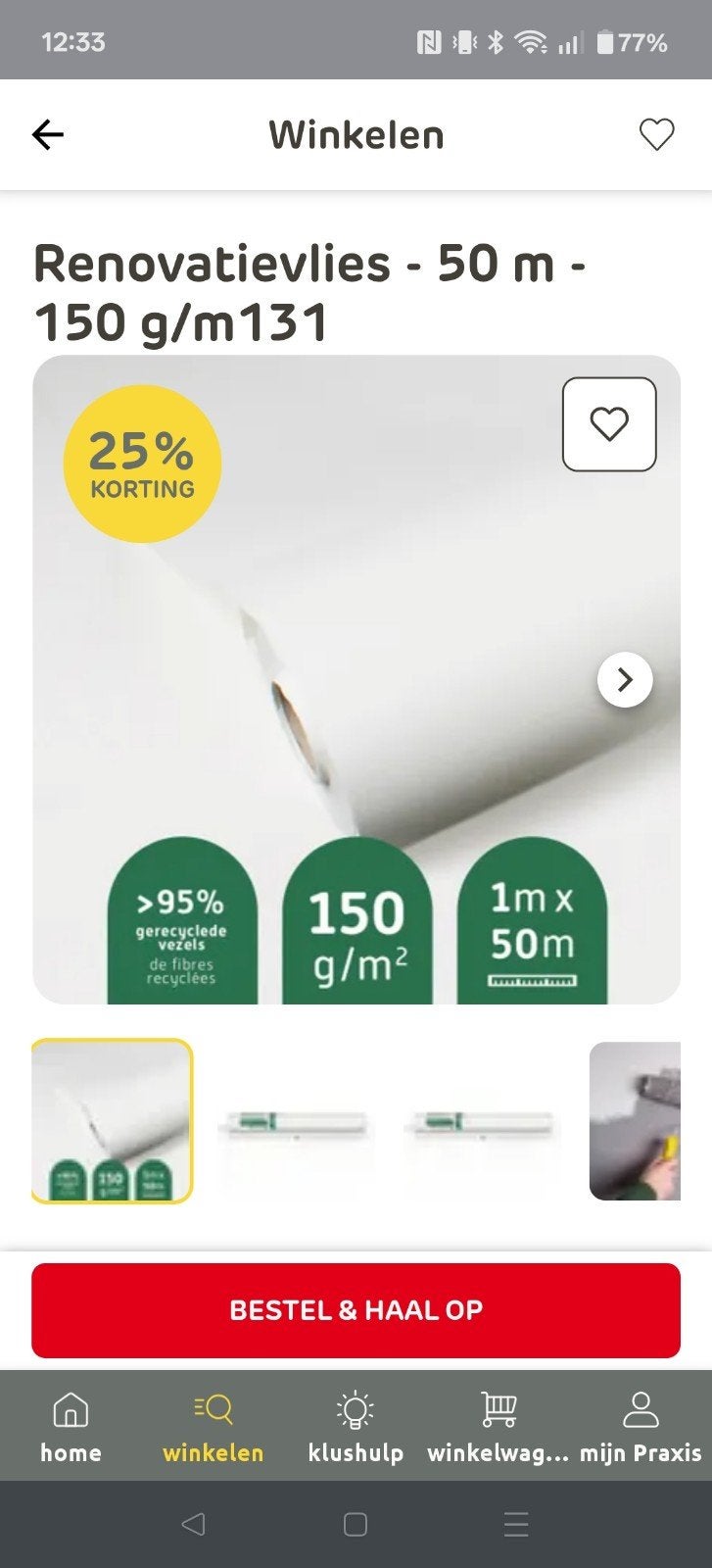 2 ongebruikte rollen renovlies – 150 g/m² – totaal 100 m², Ophalen