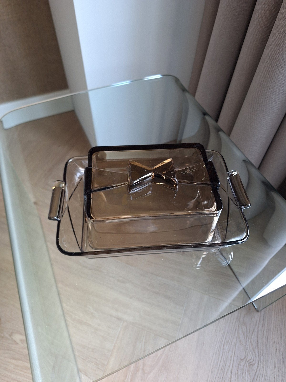 Vintage Grote Botervloot Amber Glas met Strik, Ophalen of Verzenden
