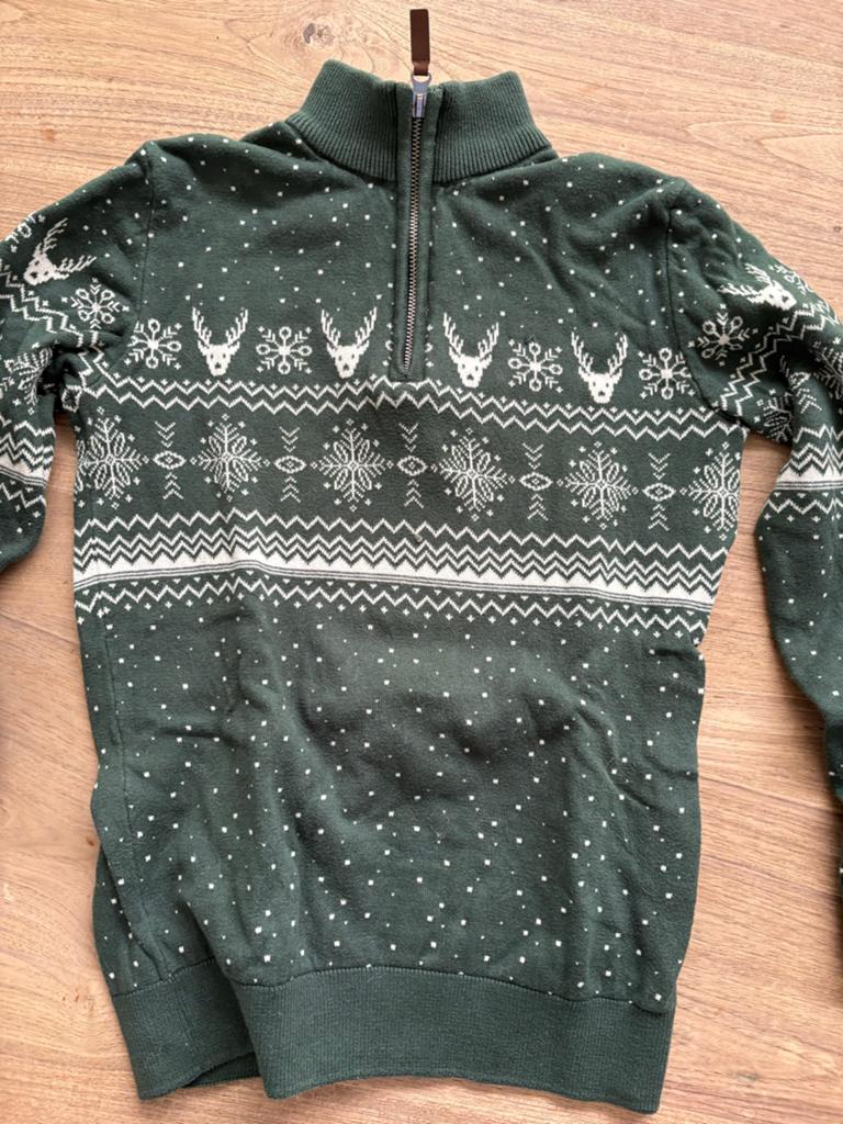 WE Groene Kersttrui met Rendieren en Sneeuwvlokken, Ophalen of Verzenden, Zo goed als nieuw, Jongen of Meisje, Trui of Vest