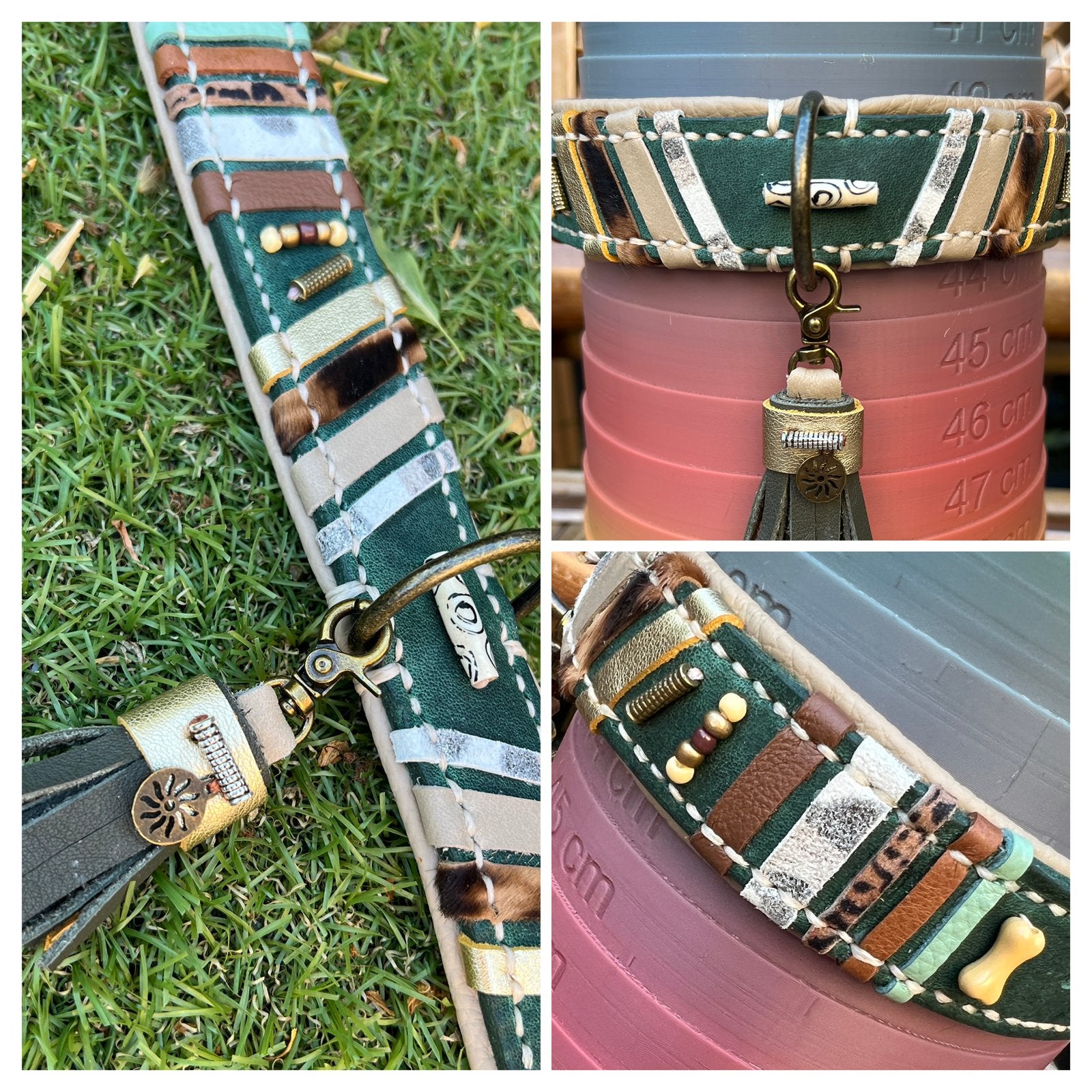 Mooie halsband groen leer taupe nappa animal deco 36-42 cm, Ophalen of Verzenden, Handgemaakt, Nieuw