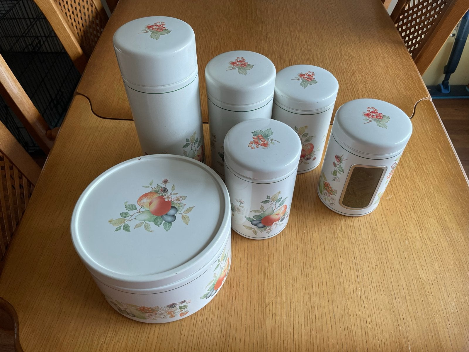 Set van 6 brabantia voorraadpotten met fruitdecoratie, Gebruikt, Ophalen of Verzenden, Voorraadpot, Metaal