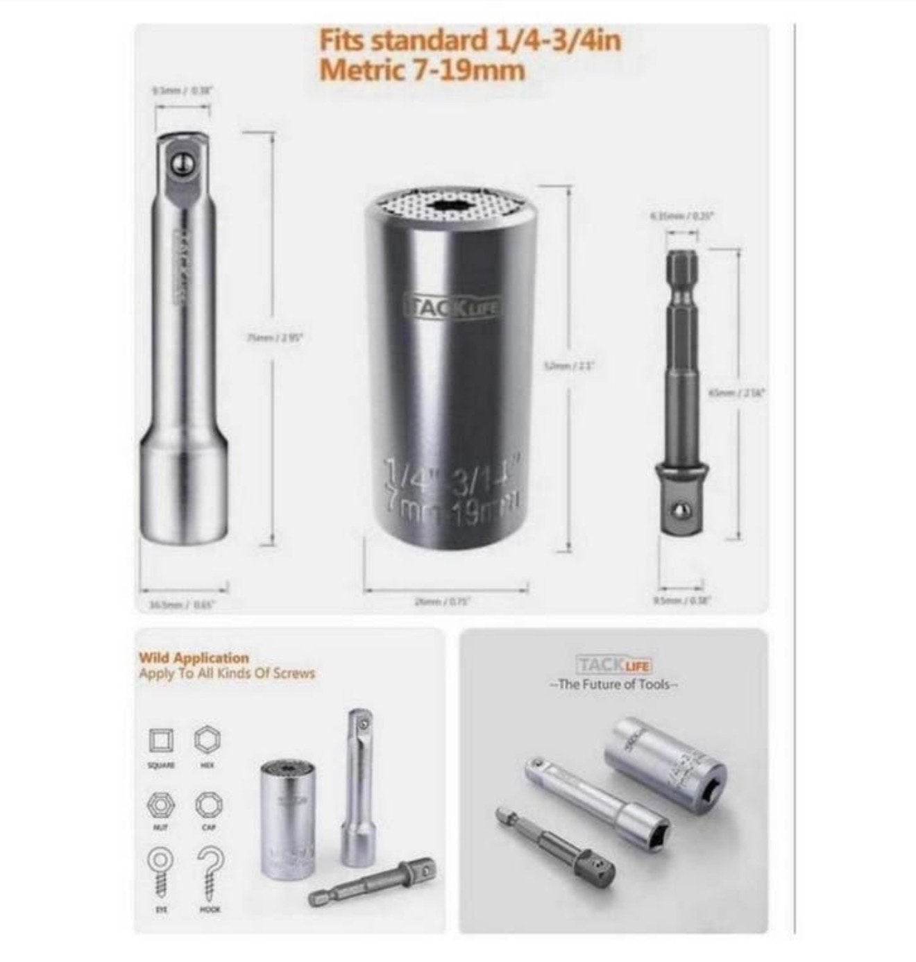 Tacklife - Universele Grip Dopsleutel 7-19mm dop opzetstuk, Nieuw, Ophalen of Verzenden, H, H