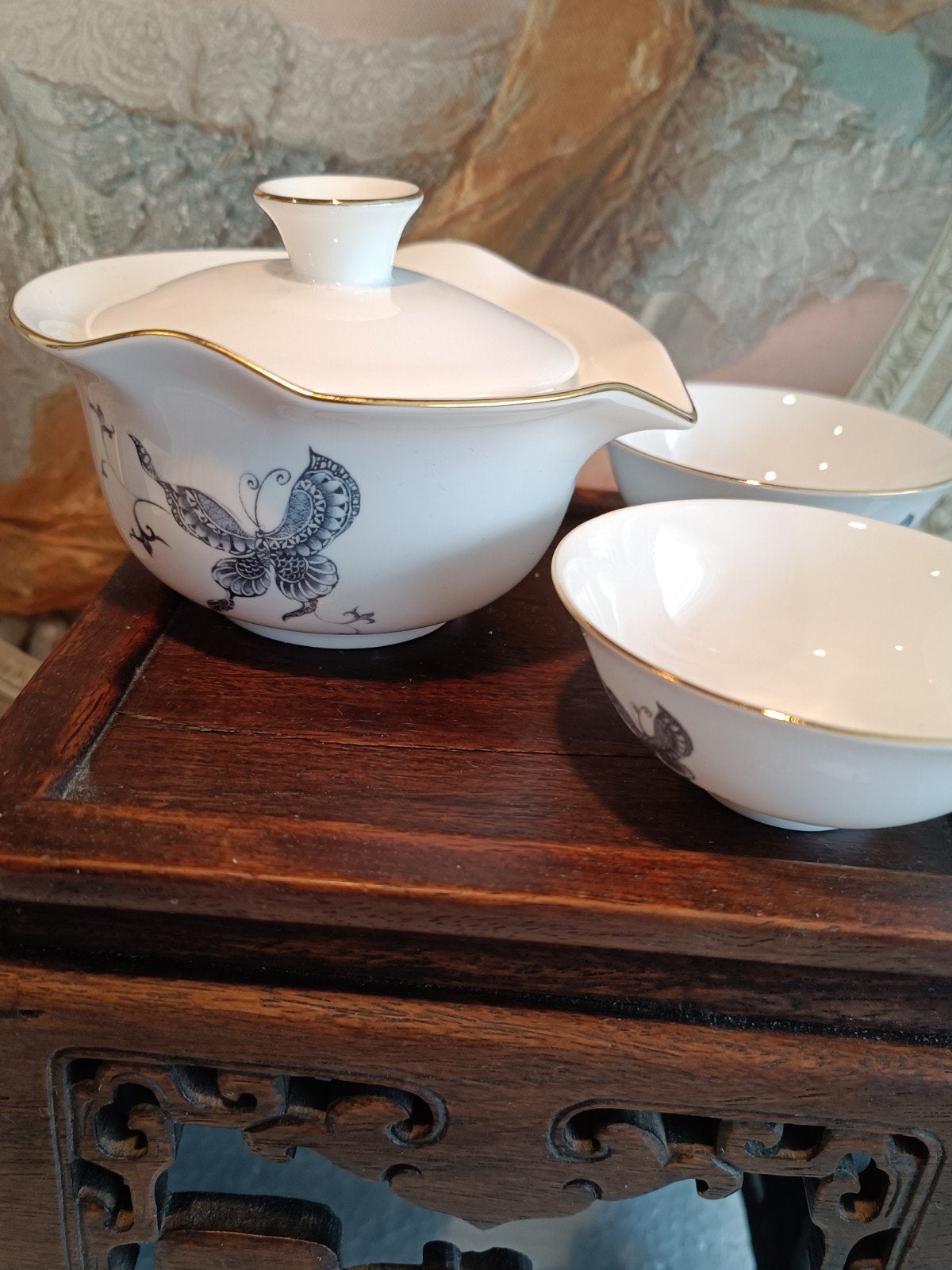 Taiwanees Blauw-witte Vlinder Reistheeset met Gouden Rand, Aziatisch, Overige merken, Keramiek, Nieuw