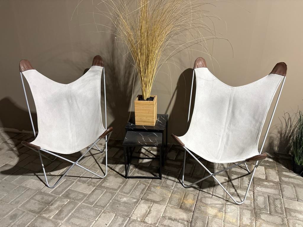 2 Vlinderstoelen met naturel linnen/katoenen stof, Ophalen, Gebruikt, Twee, Overige kleuren