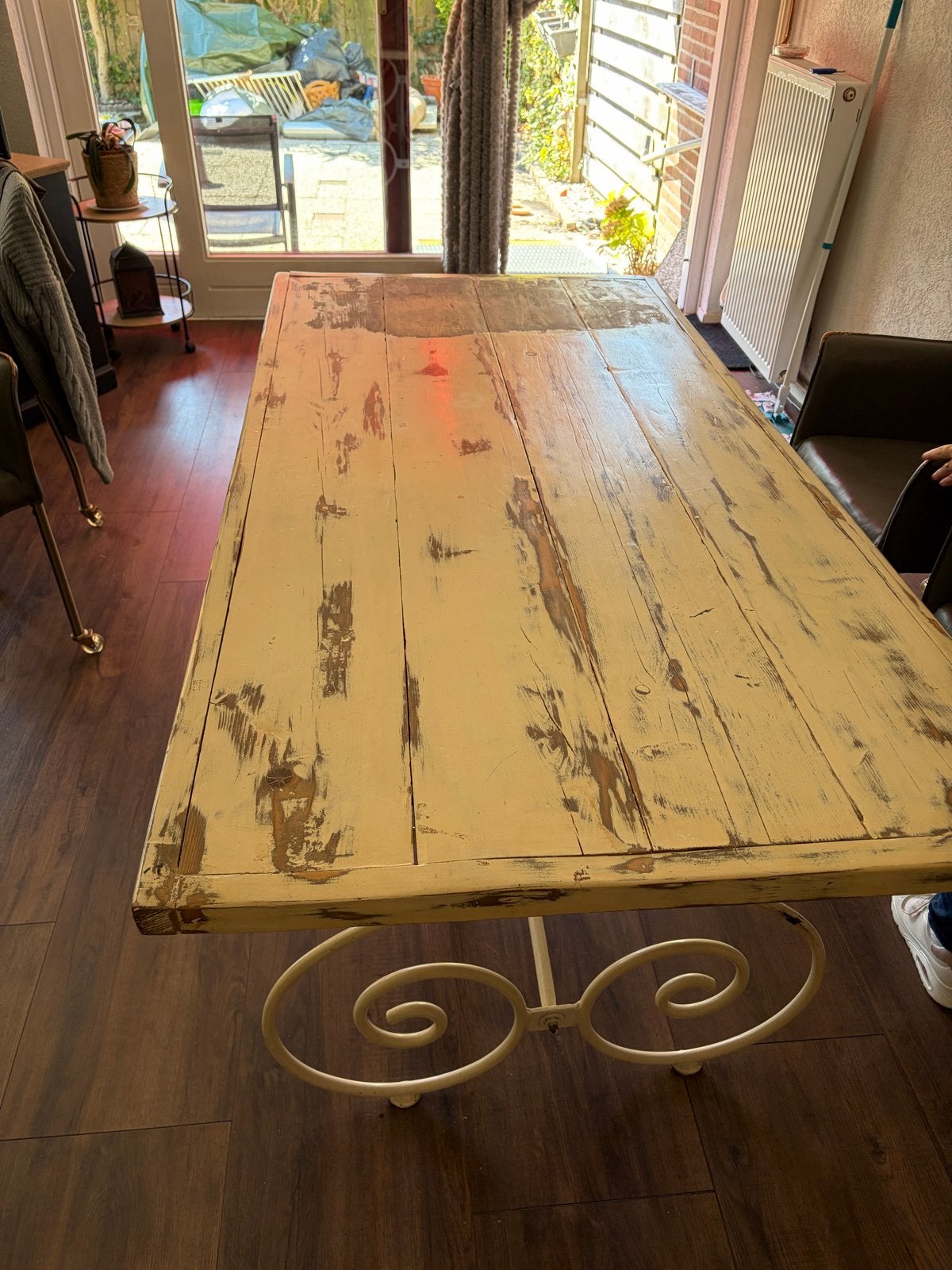 Brocante eettafel met sierlijk onderstel - L183xB83xH73 cm, Ophalen, Gebruikt, 50 tot 100 cm, 150 tot 200 cm
