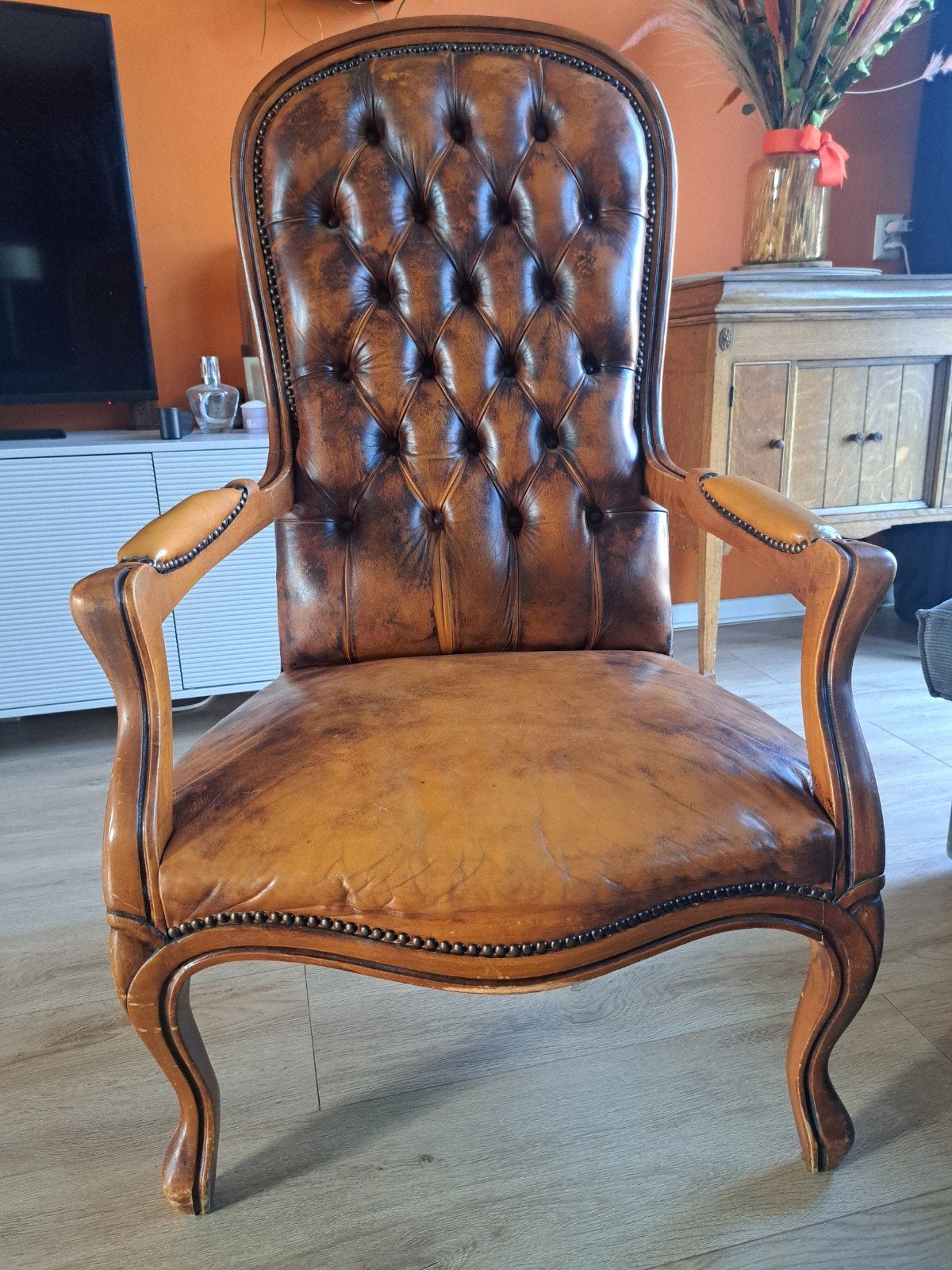 vintage leren Queen Ann fauteuil, 75 tot 100 cm, Ophalen of Verzenden, Zo goed als nieuw, Retro