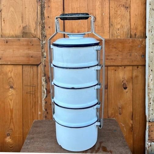 Emaille lunchtrommel tiffin dabba origineel 5 bakken hengsel, Antiek en Kunst, Ophalen of Verzenden