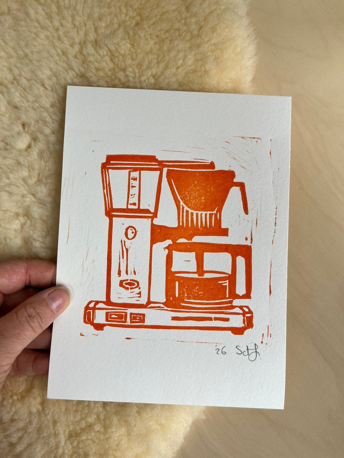 Linosnede afdruk Moccamaster koffiezetapparaat, Antiek en Kunst, Kunst | Litho's en Zeefdrukken, Linosnede, Origineel, Overige onderwerpen