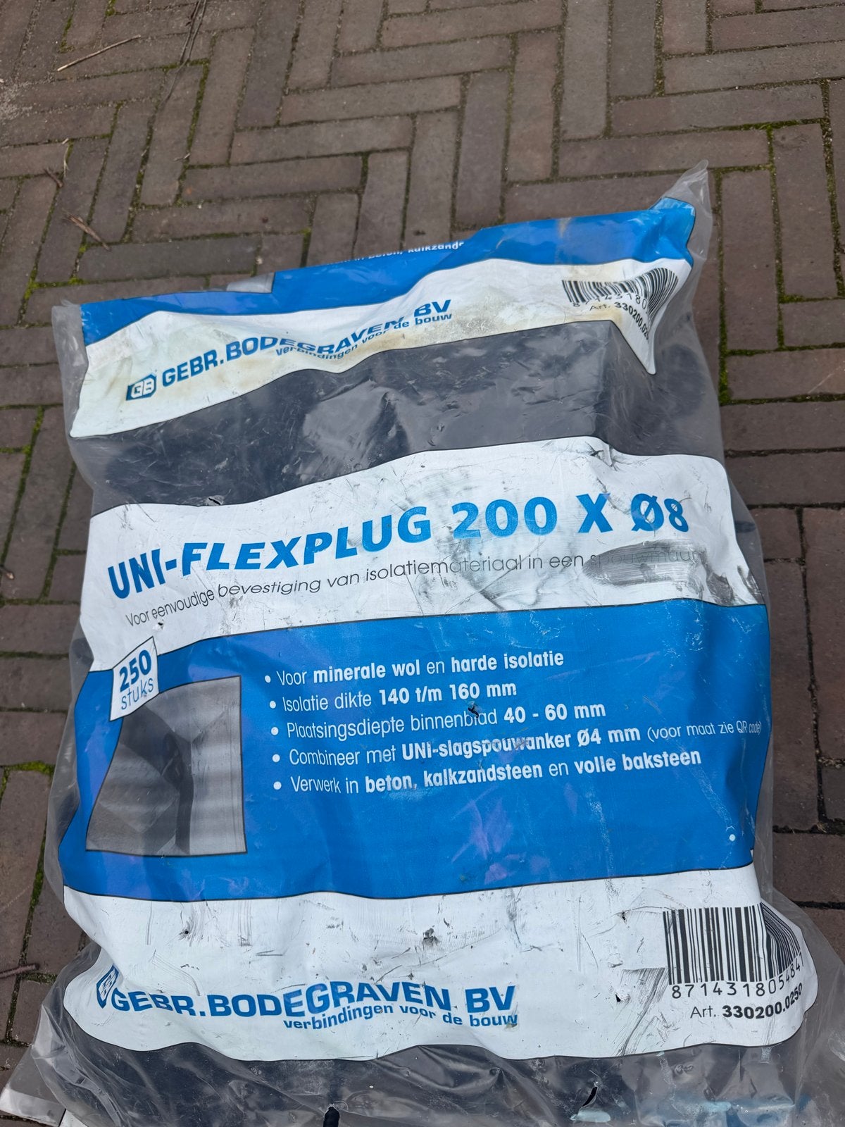 UNI-FLEXPLUG 200 X Ø8 isolatiepluggen, volle zak 250 stuks, Ophalen, Nieuw, 100 tot 250 mm, Pluggen