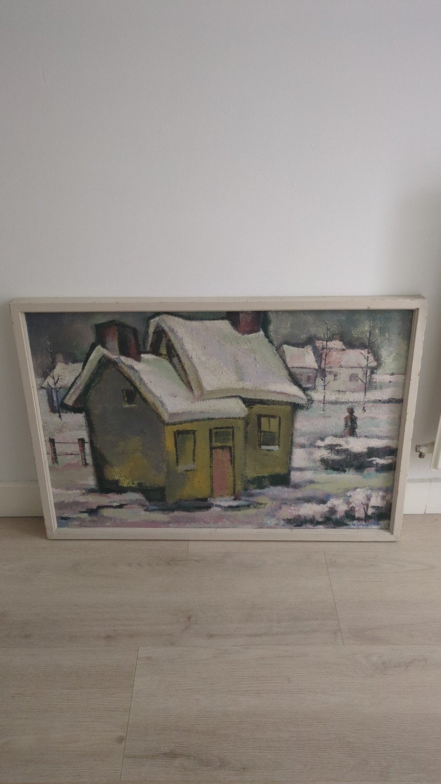 Schilderij Winterlandschap met huisje en sneeuw, Hout, Handgeschilderd, Olieverf, Landschap
