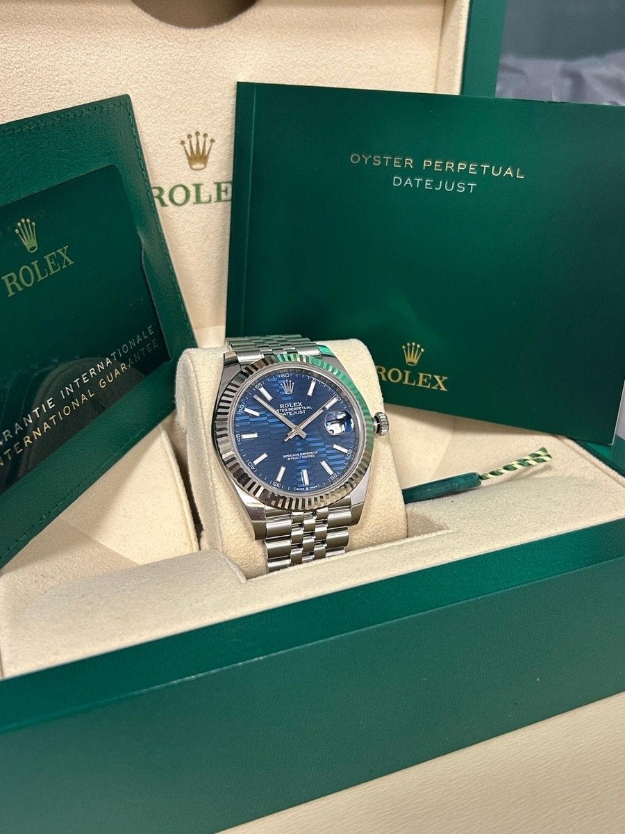 Rolex Datejust 41mm Blauwe Wijzerplaat Jubilee full set, Ophalen, Polshorloge, Zo goed als nieuw, Rolex