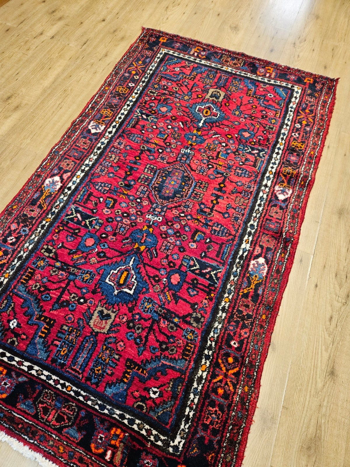 Handgeknoopt perzisch tapijt hamadan 196x105, Info@SlatsAntiek.nl, Tweedehands, 100 tot 150 cm, Perzisch