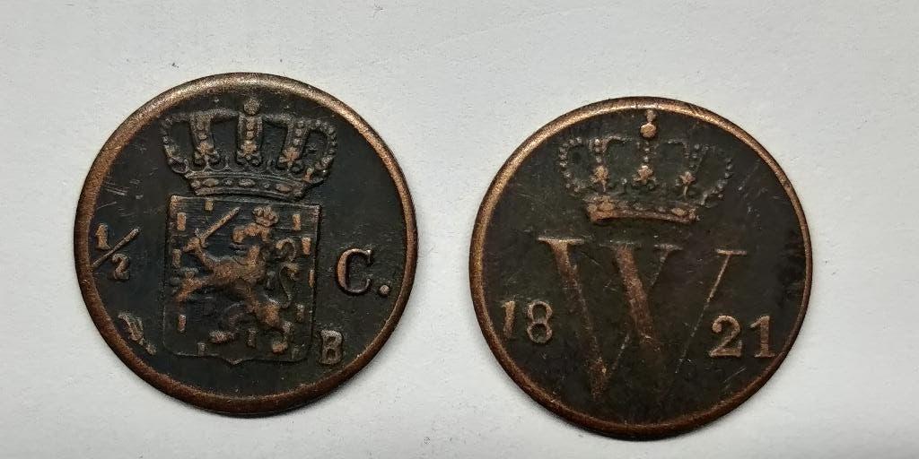 1821B Willem 1 een halve cent als replica , vaste pr. € 2,70, Postzegels en Munten, Munten | Nederland, Verzenden, Koning Willem I