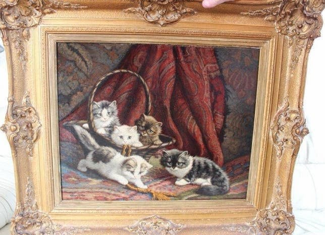 Cornelis Raaphorst (1875-1954) - spelende kittens in mand, Doek, Dieren, Ophalen of Verzenden, Olieverf