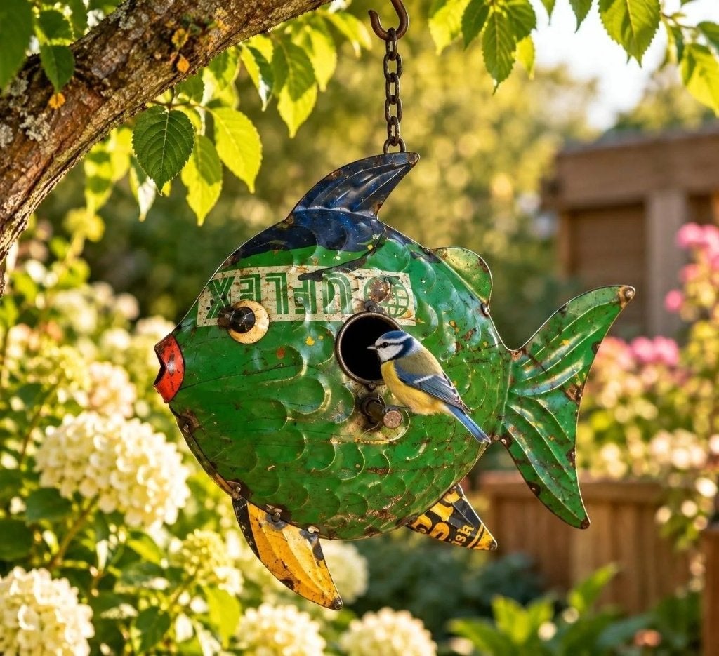 Vogelhuisje vis van gerecycled blik, -, Kwastje-over-Kastje, Nieuw, Ophalen of Verzenden