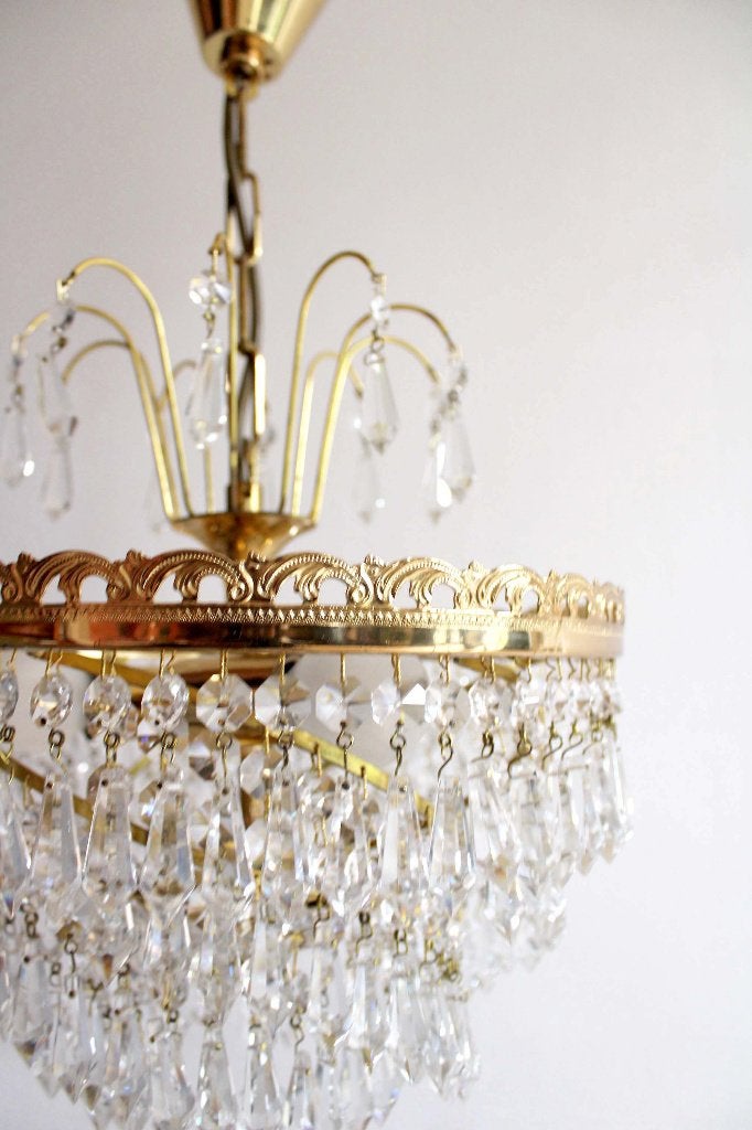 Goudkleurige vintage kroonluchter.  Hollywood Regency lamp, Huis en Inrichting, Ophalen, O, Vintage, hollywood regency, goud, kitsch, antiek