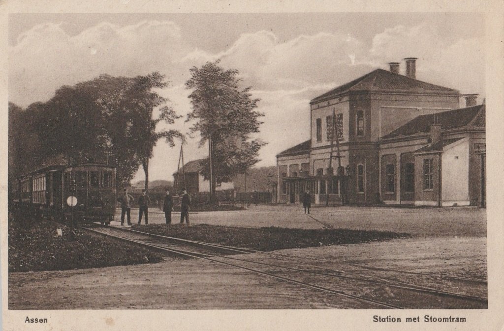 Assen, Station met STOOMTRAM., Verzamelen, Verzenden, Voor 1920, Gelopen, Drenthe