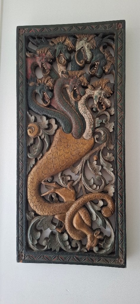 BALI 7 KOPPIGE DRAAK Uniek Handgestoken Wandpaneel, Ophalen, Houtsnijwerk, 50 - 100 cm, Scène